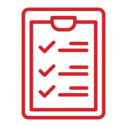 Red outline icon of a clipboard with three checkmarks next to horizontal lines, representing a completed checklist or task list—ideal for any pet lover or busy dog groomer staying organized.
