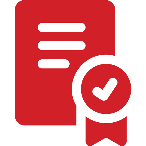 Red icon of a document with three white lines and a circular checkmark badge with ribbon, perfect for pet lovers or mobile pet grooming businesses to indicate official certification or approval.