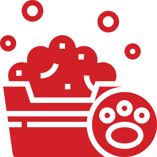 Red icon of a pet paw in a circle next to a container filled with bubbles, symbolizing pet love mobile grooming or convenient mobile pet grooming near me services.