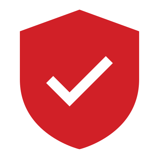 A red shield with a white check mark in the center, symbolizing security or approval—perfect for representing the trustworthy care of pet love mobile grooming—on a light gray background.